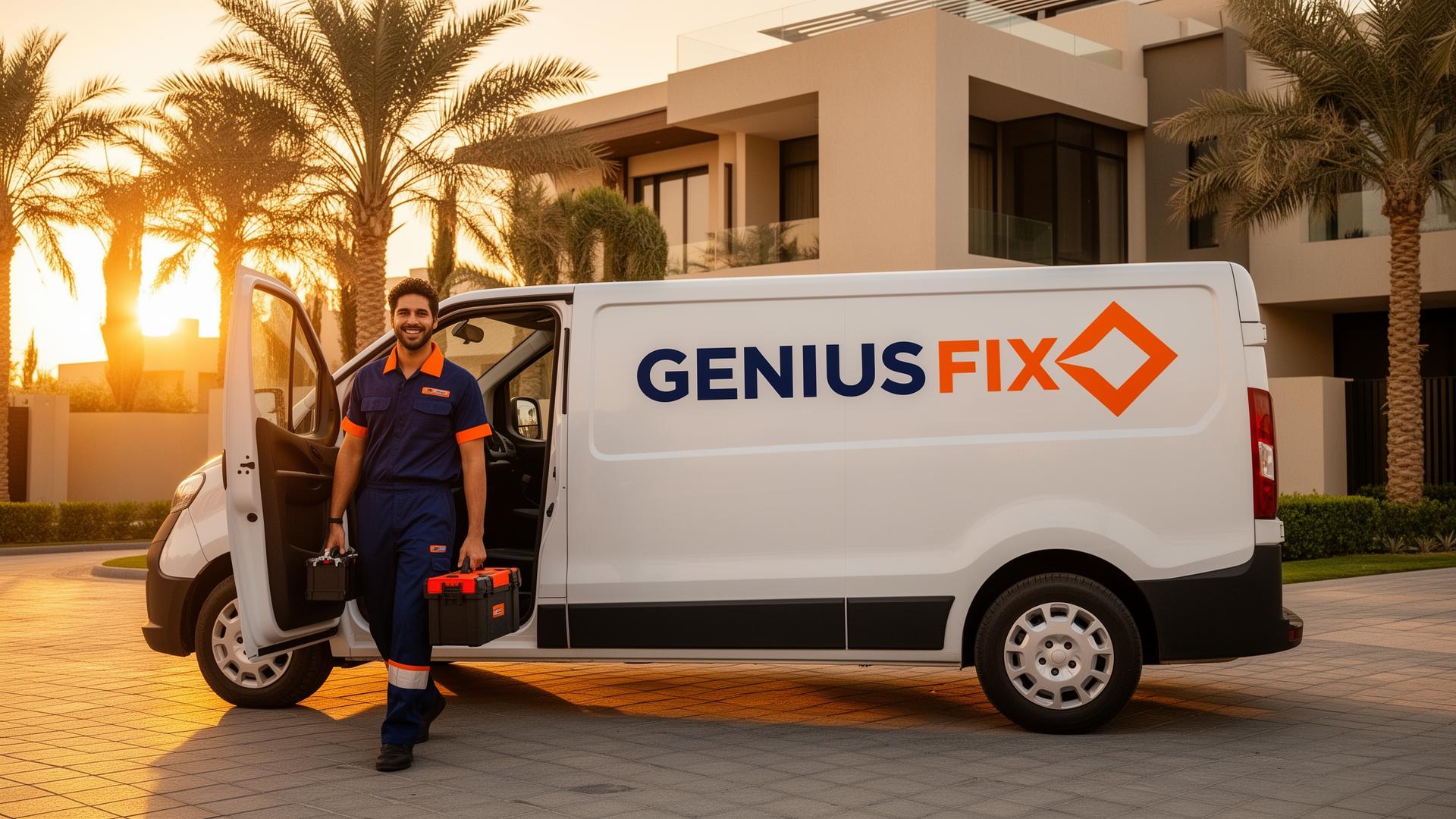 Genius Fix service van arriving at a Dubai villa